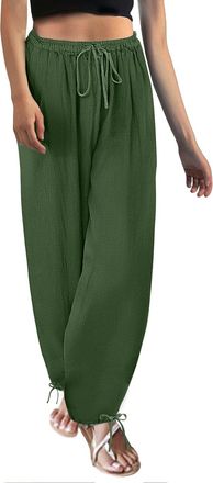 Generic Workout Loose Casual Pants Wide Leg Relaxed Fit Ladies Fashionable and Casual Spring and Summer Drawstring Cotton and Linen Leg Tied High Waisted Pant