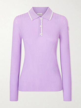 Moncler Polo In Lana A Coste Con Ricamo E Applicazione - Viola