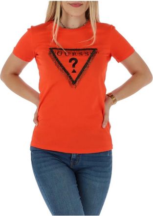 Guess T-Shirts, female, Orange, Size: XS Round Neck T-Shirt