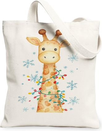 Generic Cute Giraffe Canvas Tote Bags, Festive Animal Design Reusable Grocery Bags, Winter Holiday Lightweight Washable Shoulder Strap Canvas for Travel Beach