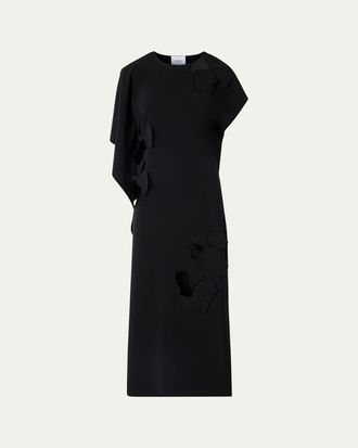 Akris Sleeveless Asymmetric Draped Papercut Flower Crepe Midi Dress