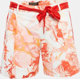 Roberto Cavalli White Floral Print Cotton Tie-Up Waist Detail Shorts