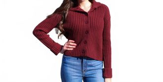 RD Style Lakshmi Long Sleeve Mock Neck Cardigan In Deep Burgandy