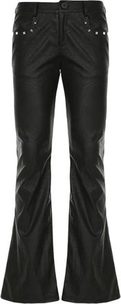 Generic Women Low Waist Rivet Leather Pants Slim Straight Punk Rock Street Style Gothic Long Trousers Black