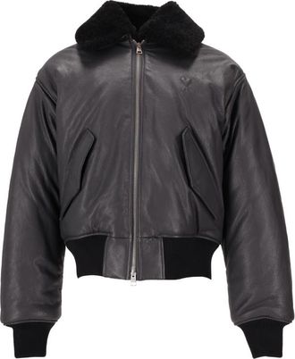 Ami Grey Leather Bomber Jacket