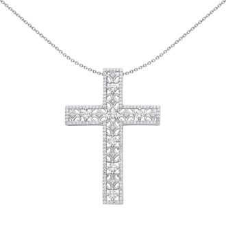 Jewelco London Silver CZ Filigree Lattice Outline Cross Necklace 18