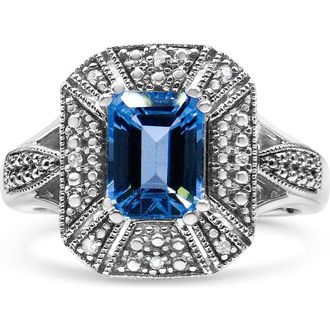 House of Brilliance Silver Diamond Accent and 8X6 mm Blue Topaz Ring in White at Nordstrom, Size 6.5