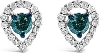 House of Brilliance Sterling Silver 1/2 Cttw Blue and White Diamond Pear Shape Halo Stud Earrings at Nordstrom