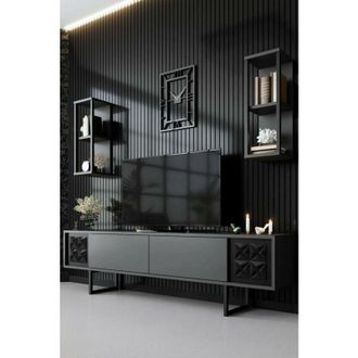 Dmora Mobile porta tv Kaus, Credenza da soggiorno, Armadio basso per tv, Base parete attrezzata, 180x30h48 cm, Antracite e Nero, con imballo rinforzato