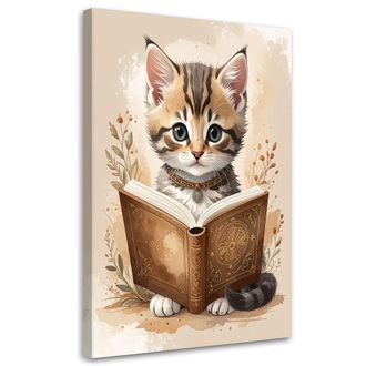 Feeby Cuadro Sobre Lienzo, Gatito Gato Leyendo Un Libro Animales, 70x100