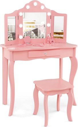 Costway Costway - Tocador De Maquillaje Para Ni&ntilde;a Con Taburete, Juego De Maquillaje Princesa 2 En 1 Con Espejo Triple Plegable De Vidrio Y Caj&oacute;n Para Ni&ntilde;as, J