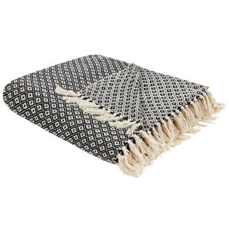 Beliani Manta De Algod&oacute;n Motivo Geom&eacute;trico Accesorio Tejido A Mano 220 X 240 Cm Flecos Blanco Y Negro Chyama