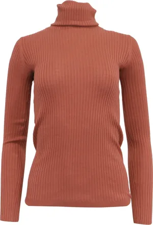 Theory Ribbed-Knit Rolled Neck Sweater in Rust Wool