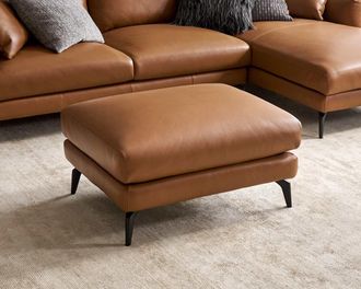 Castlery Lena Leather Ottoman, (Marche) Cocoa (Matte Black Leg), Spill-Resistant, Removable Covers for Brown