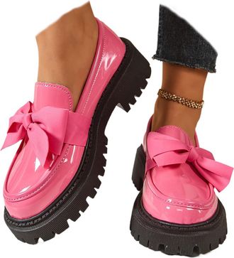 Generic 2026 New Womens Cute Bowknot Design Loafers Bowknot Slope Heel Chunky Heel Shoes Fashionable Solid Color Slip on Loafers Lightweight Business Office W