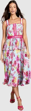 Coast Pleated Floral Square Neck Midi Dress in Blue at Nordstrom, Size 12