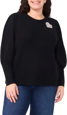 CeCe by Cynthia Steffe Faux Pearl Heart Applique Sweater in Rich Black at Nordstrom, Size 2X