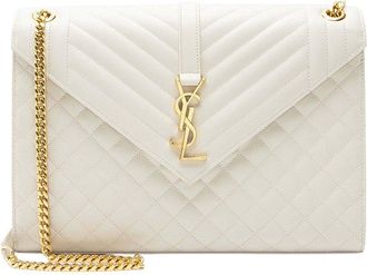 Saint Laurent White Mixed Matelasse Leather Grain De Poudre Monogram Large Shoulder Bag (Authentic Pre-Loved)