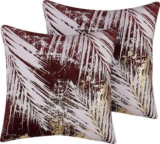 Beliani Conjunto De Cojines Decorativos Con Patr&oacute;n De Hoja De Palma Roja 45 X 45 Cm Estampado Floral Decoraci&oacute;n Glamour Calla