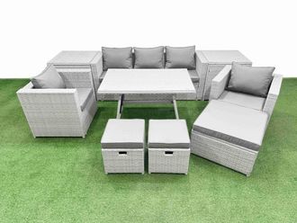 Fimous 10 Pieces Outdoor PE Rattan Sofa Armchair Set with 2 Side Tables in Light Grey