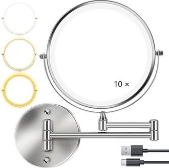 OEM Espejo De Maquillaje De Pared Con Luz - 8 Pulgadas, Aumento De 3x/10x, Regulable, 3 Niveles De Luz, Espejo Giratorio De Doble Cara De 360&deg;, Color Plat