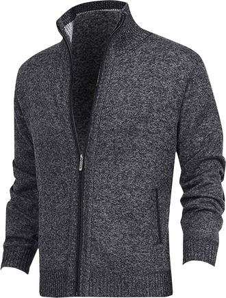 Generic Mens Cardigans with Pockets,Mens Zip Up Thick Fleece Jacket Casual Knitted Sweaters Long Sleeve Winter Knit Cardigan Classic Fit Full Zip Stand Collar