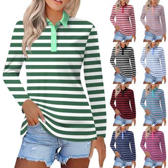 Generic Polo Shirt Womens Striped Patchwork Blouse Casual Long Sleeve Golf Shirt Buttons Lapel Tennis Shirt Elegant Top Slim Summer Shirt Breathable Sports Sh