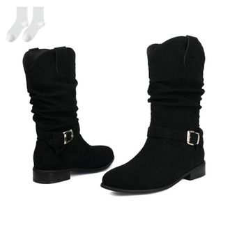 Generic Womens Slouch Boots in A Suede Look, Fashionable Mid-Calf Boots with Buckle Straps And A Comfortable Low Heel, Non-Slip Autumn Winter Ankle Boots for 