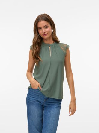 Vero Moda Spitzentop VERO MODA VMMILLA SL LACE TEE, Damen, Gr. XS, gr&uuml;n (laurel wreath), Jersey, Obermaterial: 95% Polyester, 5% Elasthan, unifarben, normal, Ru