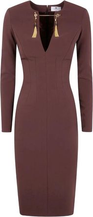 Elisabetta Franchi Jurk met Juwelenketting - Dames - Casual kleedjes - Bruin - L - Polyester - Kleedjes
