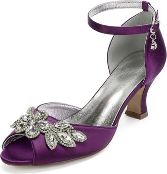 Generic Wedding Bridal Shoes Womens Bridal Kitten Heels Sandals Open Toe Ankle Strap Satin Low Heel Wedding Dress Shoes 6.5Cm,Purple,5 UK