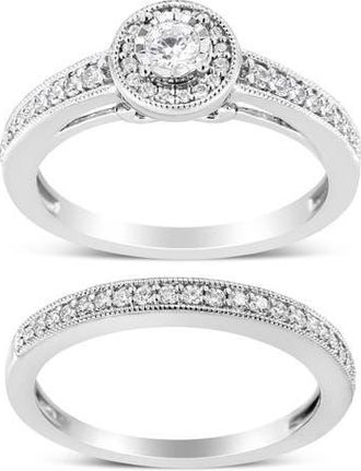 House of Brilliance Silver 1/2 Ctw Diamond Halo & Milgrain Engagement Ring Bridal Set at Nordstrom, Size 7