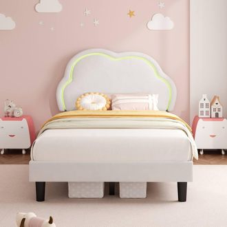 Merax 3ft Single Upholstered Bed with LED Adjustable Cloud Headboard in White