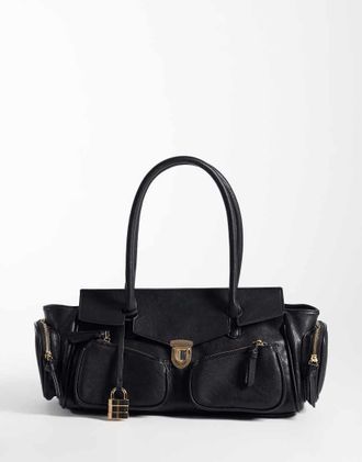 Glamorous Borsa a spalla nera con lucchetto e tasche multiple-Nero