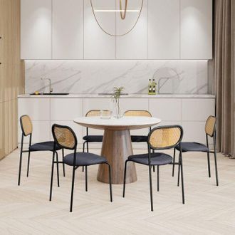 OEM Sillas De Comedor De Ratan Color Madera Natural - Juego De 2, Respaldo Tejido A Mano, Patas De Metal Negro Moderno