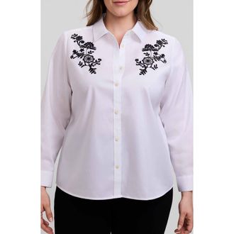 Foxcroft Hampton Floral Embroidered Cotton Blend Button-Up Shirt in White/black at Nordstrom, Size 3X