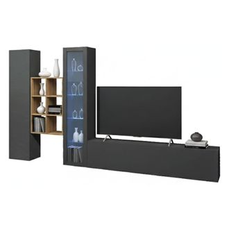 Dmora Dmora - Pared Equipada Dcragn, Conjunto De Sal&oacute;n Mueble De Tv Con 3 Puertas, Mueble De Sal&oacute;n Polivalente Con Vitrina Y Luz Led, 100% Made In Italy, Cm