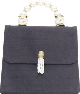 Moschino Vintage raw silk pearl gold handle tassel top handle bag