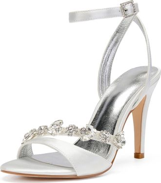 Generic Wedding Bridal Shoes Womens Heels Ankle Strap High Heels Prom Party Dress Heeled Open Toe Bridal Stiletto Sandals 10.5Cm,Ivory,7 UK