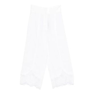 Twinset Wide Trousers, female, White, Size: 2XS Cropped Linen Trousers with Lace Trim