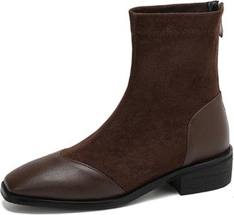 Generic Women Suede Knit Ankle Boots Square Toe Block Heels PU Leather Accents Side Zipper Stretchy Fit Sleek Casual Cushioned Comfortable Durable Fashion,Bro