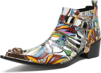 Generic Mens Chelsea Boot Dress Casual Fashion Party Western Boots Metal Tip Toe Genuine Leather Buckle Ankle Boots Fashion Cowboy Disco Singer Ballroom Weddi