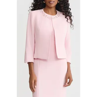 Kasper Imitation Pearl & Crystal Detail Open Jacket in Tutu Pink at Nordstrom, Size 12