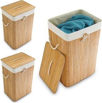 Relaxdays 3 Cestos Ropa Sucia Plegable, Cubo Colada Rectangular con Tapa, Bambú, 83L, 65,5 x 43,5 x 33,5 cm, Marrón Natural