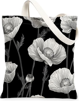 Generic Spring Poppy Flower Canvas Tote Bag for Shopping 13x15, Black Floral Wildflower Reusable Grocery Print Pattern Bag for Women, Aesthetic Retro Beach Ae