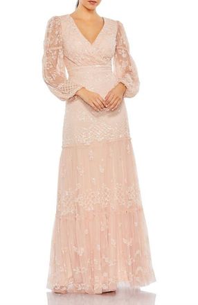Mac Duggal Sequined Tiered Wrap Over Puff Sleeve Gown in Blush at Nordstrom, Size 16