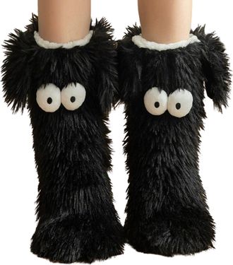 Generic Muffle Friends Cozy Socks, Womens Winter Warm Fuzzy Non-Slip Slipper Socks with Cute Big Eyes, Thick Fleece Home Floor Socks (Black)