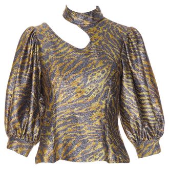 Ganni Ganni metallic tiger lurex lame puff sleeve cut out top