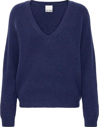 Ichi Patriot Blue Gebreide Trui - Dames - V-hals truien - Blauw - S - Wol - Truien & Vesten