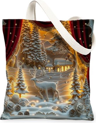 Generic Christmas Vintage Deer Canvas Tote Bags, Holiday Winter Scene Reusable Grocery Bags, Lightweight Washable Shoulder Strap Ca, Red, 13x15 Inch